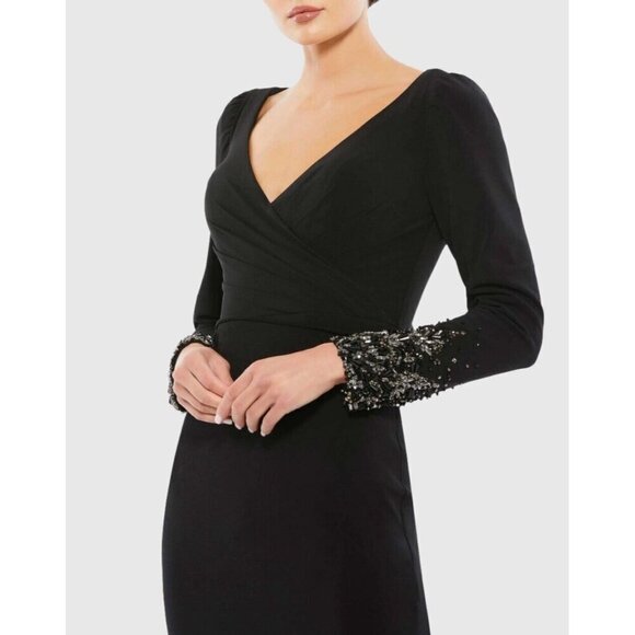 Mac Duggal Size 18 Black 55712 Beaded Cuff Long Sleeve Wrap Trumpet Gown Dress - Picture 2 of 13